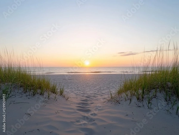 Fototapeta Sunrise Over the Ocean Through Sand Dunes