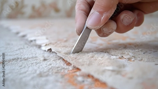 Fototapeta A step-by-step process of fixing a loose wallpaper seam with precision tools.