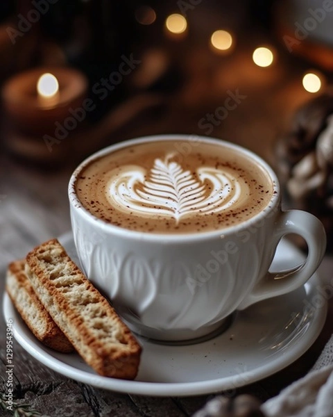 Fototapeta Photograph of a warm vanilla latte in a white ceramic cup, topped with intricate rosette latte art.