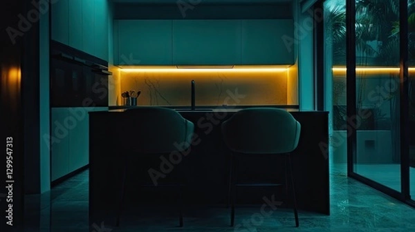 Fototapeta A well-lit kitchen with a stylish under-cabinet light strip illuminating the workspace.
