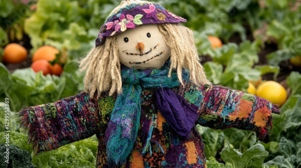 Obraz Rustic Charm: Traditional Scarecrow Guarding Lush Vegetable Garden