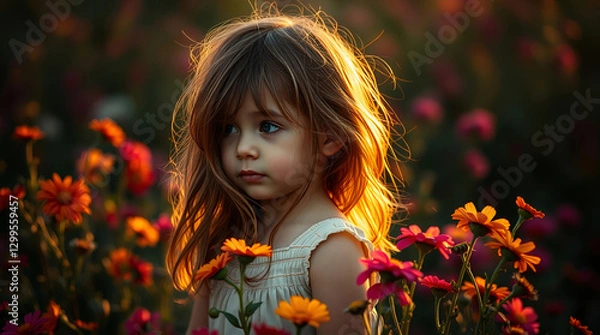 Obraz Young girl with flowing hair in vibrant flower field. AI image