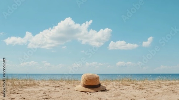 Obraz Straw hat on sandy beach, ocean view, sunny day
