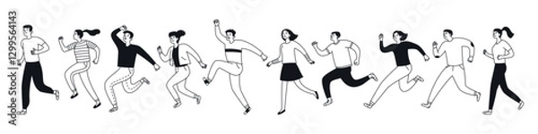 Obraz People running. Men, women actively moving. Linear set of characters. Vector illustration isolated in doodle style