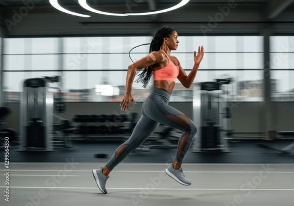 Fototapeta Braided Athlete Sprinting in a Blurred Gym Setting