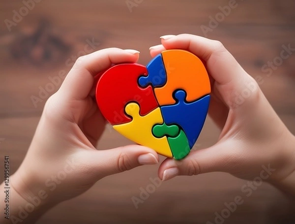 Obraz Symbolic heart-shaped puzzle in hands, representing love, unity, autism awareness, support, and care

