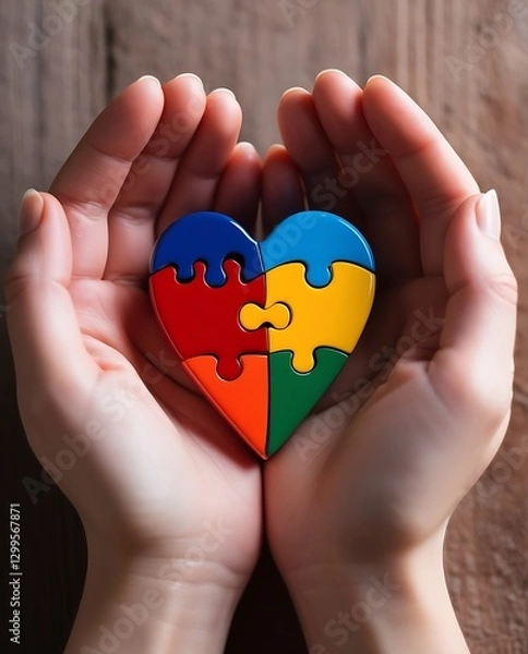 Obraz Symbolic heart-shaped puzzle in hands, representing love, unity, autism awareness, support, and care

