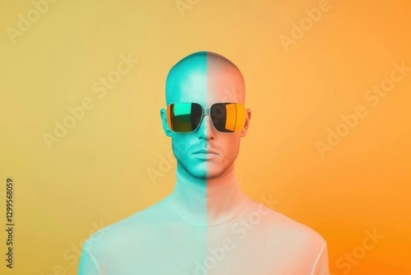Fototapeta A modern mannequin wearing sunglasses, showcasing vibrant blue and orange colors, evoking a stylish and bold aesthetic, ideal for summer fashion concepts