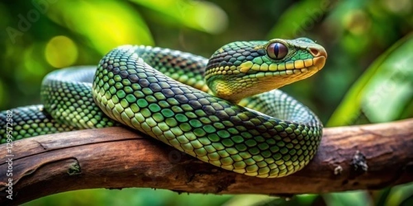 Fototapeta Snake wrapping around a branch in the Indonesian jungle, close-up, herpetology , tree,  herpetology , tree