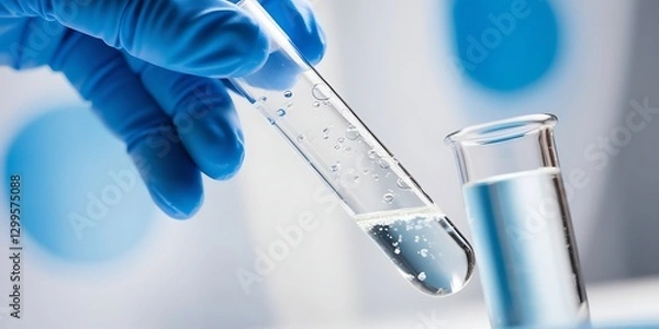 Obraz Scientist wearing blue gloves holding a test tube with a clear liquid in a laboratory. Concept of medical research, biotechnology, pharmaceutical innovation, and scientific discovery
