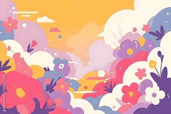 Fototapeta Vibrant and Whimsical Floral Pattern in Soft Pastel Colors with Blooming Flowers and Clouds in the Sky