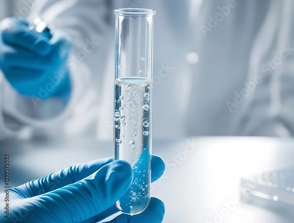 Obraz Scientist wearing blue gloves holding a test tube with a clear liquid in a laboratory. Concept of medical research, biotechnology, pharmaceutical innovation, and scientific discovery
