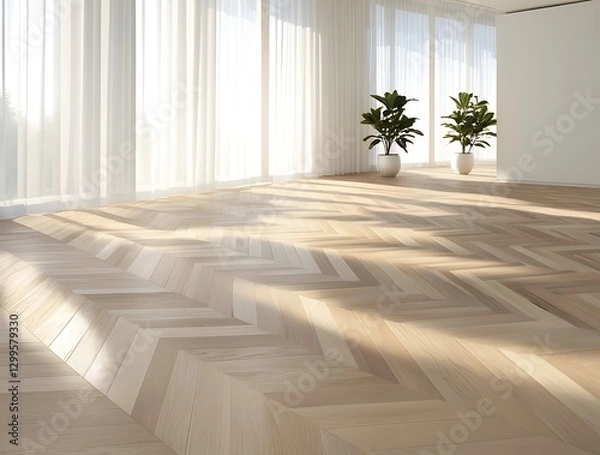 Obraz Modern minimalist interior with large windows and natural light, featuring elegant wooden herringbone flooring and potted plants, creating a bright, spacious, and stylish home atmosphere

