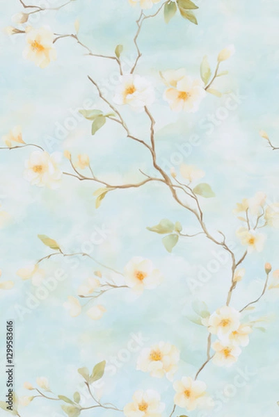Fototapeta Seamless pattern. A delicate watercolor-style wallpaper featuring soft, pastel-colored blossoms on thin, twisting branches with light green leaves