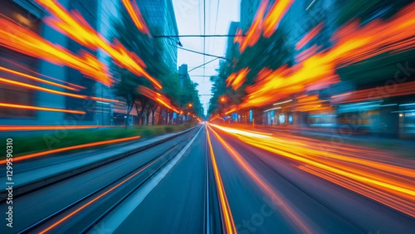 Fototapeta A kinetic, high-energy scene, seemingly photographed from a speeding train or car, blurs the lines between velocity and abstraction. Vibrant, electric streaks of light, rendered in shades of fiery ora