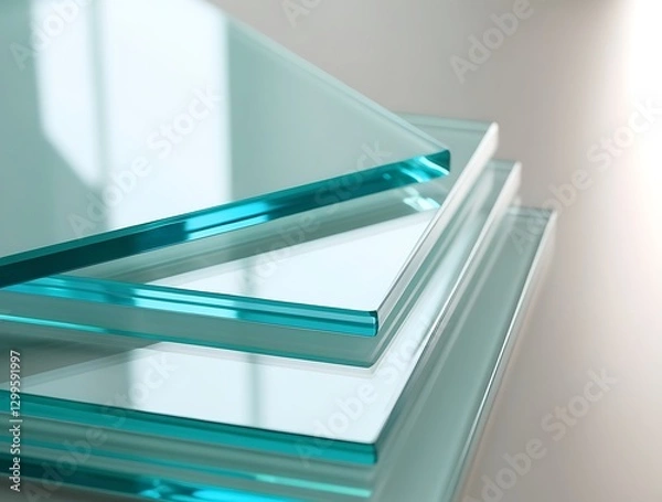 Obraz Stack of transparent tempered glass sheets with a greenish tint, symbolizing modern architecture, construction materials, industrial design, safety glazing, and high-quality manufacturing


