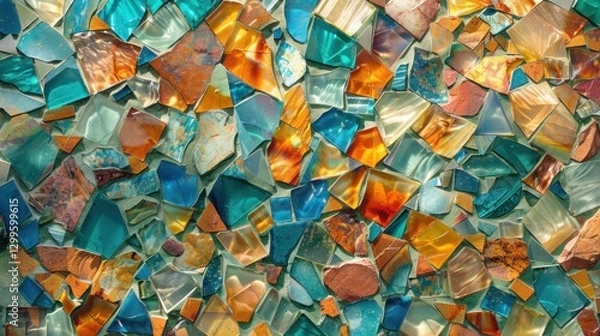 Obraz Mosaic Tiles: Small, vibrant pieces of glass or stone arranged to form intricate patterns, often used in art, architecture, and decorative installations.
