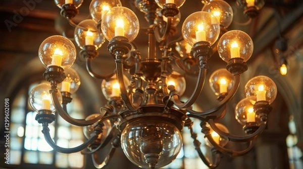 Fototapeta Chandelier: An ornate, round hanging light fixture featuring multiple bulbs or candles, typically placed in large rooms or dining areas for an elegant ambiance.

