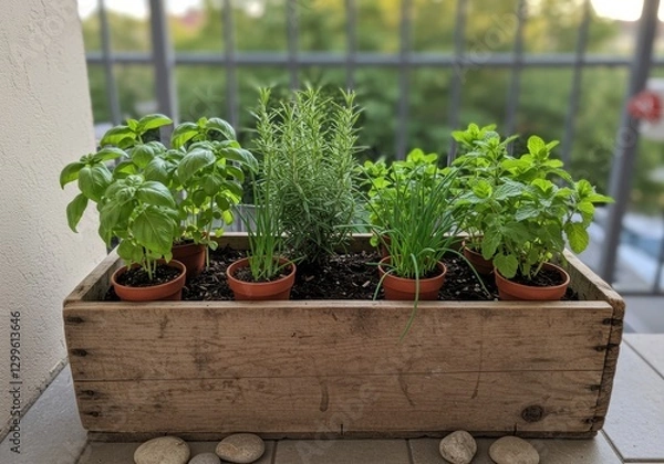 Fototapeta Balcony Herb Garden in Rustic Wooden Crate