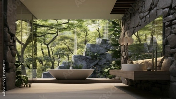 Obraz Zen-inspired bathroom with natural stone and greenery --chaos 10 --ar 16:9 --v 5.2 Job ID: 4f5c0d0f-82de-47ac-9350-149ec2fce4d8