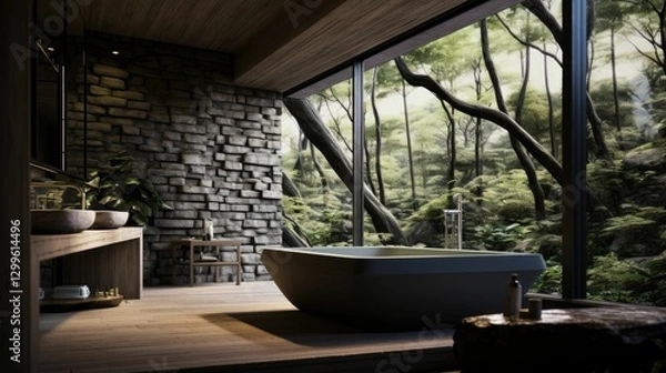 Obraz Zen-inspired bathroom with natural stone and greenery --chaos 10 --ar 16:9 --v 5.2 Job ID: 5cc356be-e764-495f-b867-da3a847561fc