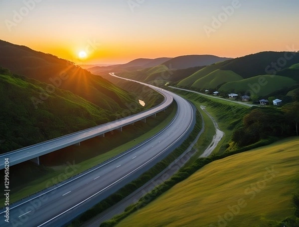 Obraz A long, empty highway stretching through green rolling hills at sunset, symbolizing freedom, travel, adventure, and road trips, with a scenic landscape and a glowing horizon

