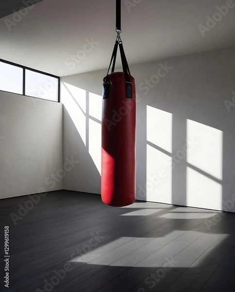 Obraz A red punching bag hanging in a minimalist gym with sunlight casting shadows on the floor, symbolizing strength training, boxing practice, fitness, and a focused workout environment
