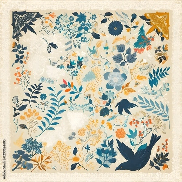 Fototapeta Vintage Hand drawn Floral with Vibrant Nature Decorative Patterns