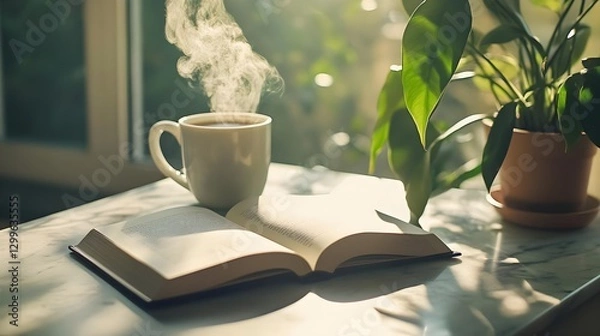 Fototapeta Sunlit Morning Still Life: Open Book, Steam, and Indoor Plants on Table