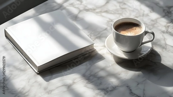 Fototapeta A serene moment with a coffee cup and an open book on a marble table