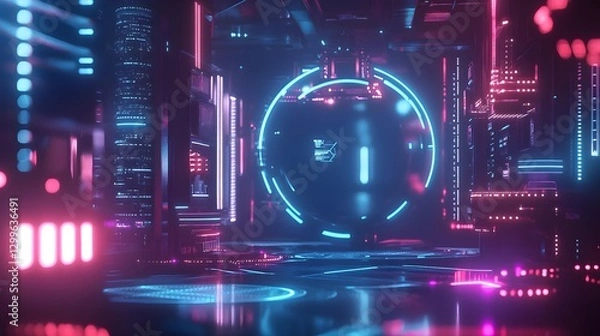 Fototapeta Futuristic Neon Cityscape with Glowing Circuits and Floating Spheres at Night