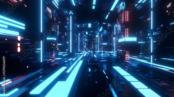 Fototapeta Futuristic Neon Corridor: A Glimpse into a Vibrant Digital Realm at Night