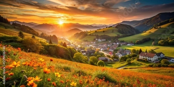 Fototapeta Orange Wildflower Valley Village - Idyllic Rural Landscape Stock Photo