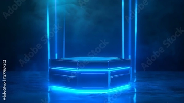Fototapeta Futuristic Blue Neon Stage Design with Ambient Lighting for Events or Presentations