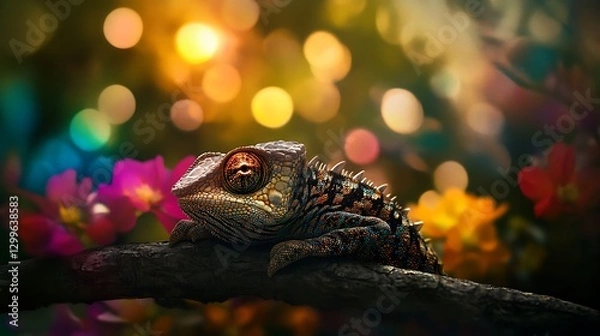 Fototapeta A striking close-up of a colorful lizard perched on a branch surrounded by vibrant flowers and softly blurred bokeh lights in the background, creating a serene and enchanting atmosphere