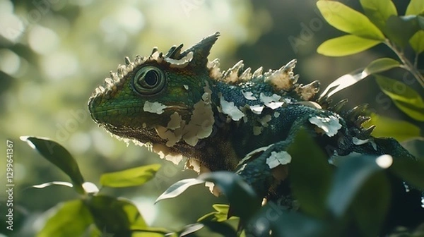 Fototapeta Close-up of a vibrant, camouflaged lizard nestled among lush green foliage in a soft-focused natural setting with warm sunlight filtering through leaves