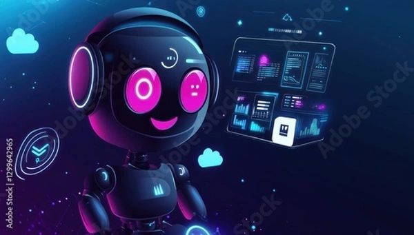 Fototapeta Cute robot analyzing data on holographic screen.