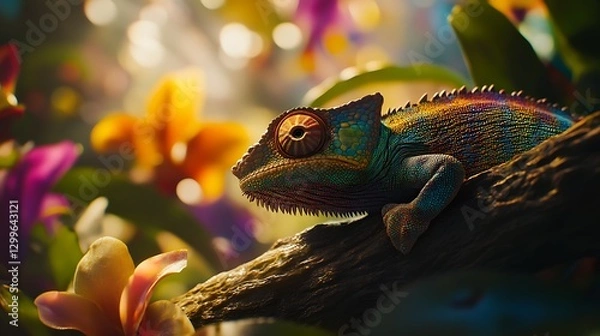 Fototapeta A vibrant chameleon resting on a wooden branch surrounded by colorful blooming flowers and soft sunlight filtering through foliage