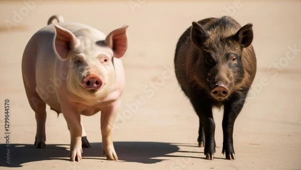 Fototapeta Pig Pals Portrait: Two contrasting pigs, one pink and one black, stand side-by-side, staring directly at the camera, their expressions capturing a unique blend of curiosity and contentment.