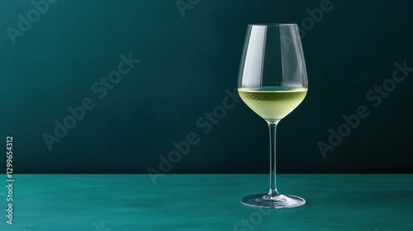 Fototapeta A glass of white wine sits elegantly on a green table against a dark green backdrop, highlighting its clarity and color.