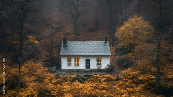 Obraz Misty Autumn Cabin in Forest