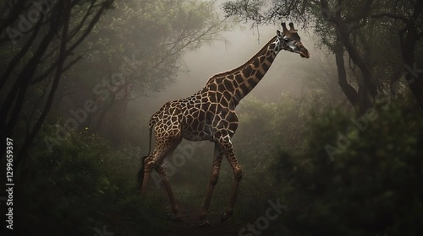 Fototapeta A lone giraffe walking elegantly through a misty forest, surrounded by lush greenery, creating an enchanting and serene atmosphere