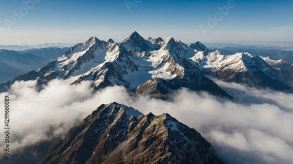 Fototapeta Snow-covered mountain peaks rise majestically above the clouds in a vast, scenic landscape.
