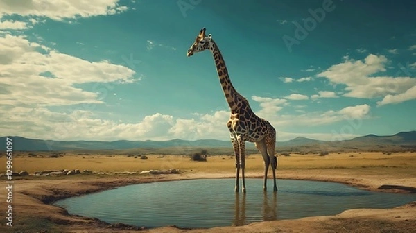 Fototapeta A tall giraffe standing by a tranquil watering hole in a vast, open savanna landscape beneath a bright blue sky with scattered clouds