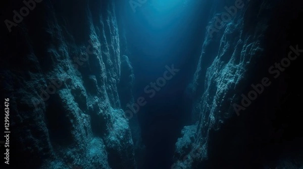 Fototapeta An underwater shot of Zhemchug Canyon, the deepest submarine canyon on Earth, where colossal rock walls disappear into the abyss. Strange deep-sea creatures glow faintly in the darkness. 
