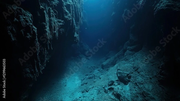 Fototapeta An underwater shot of Zhemchug Canyon, the deepest submarine canyon on Earth, where colossal rock walls disappear into the abyss. Strange deep-sea creatures glow faintly in the darkness. 
