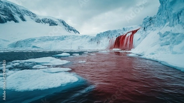 Fototapeta A moody shot of Blood Falls in Antarctica, where iron-rich water oozes out of the glacier, staining the ice deep red. The harsh, frozen environment enhances the eerie atmosphere. 