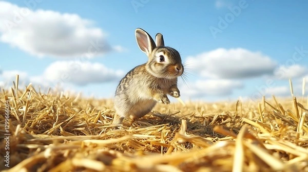 Fototapeta A playful rabbit hopping through a golden field under a bright blue sky dotted with fluffy white clouds