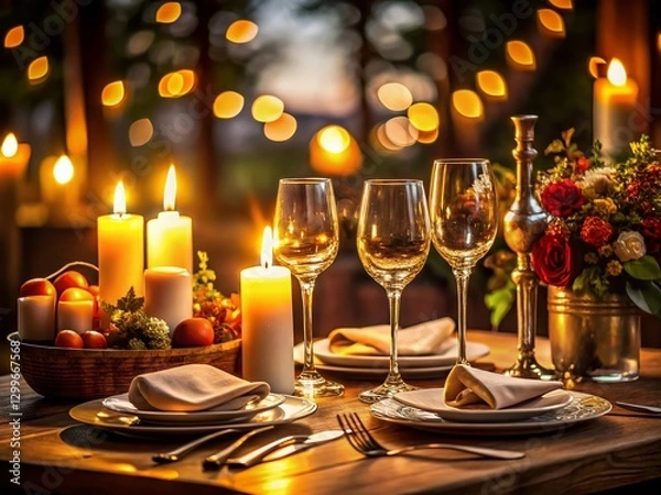 Fototapeta Romantic Candlelit Dinner: Elegant Table Setting with Wine Glasses
