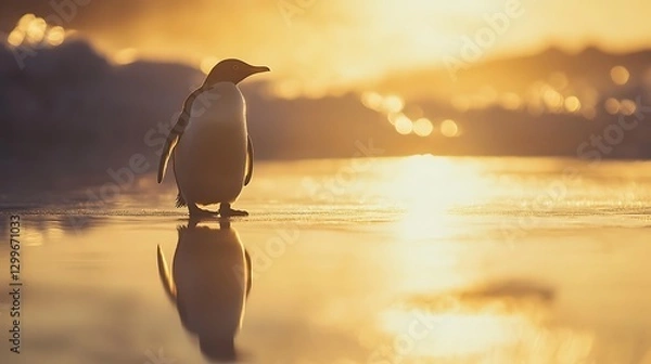 Obraz A solitary penguin standing on a wet, reflective surface as the sun sets in the background, creating a warm golden glow on the scene